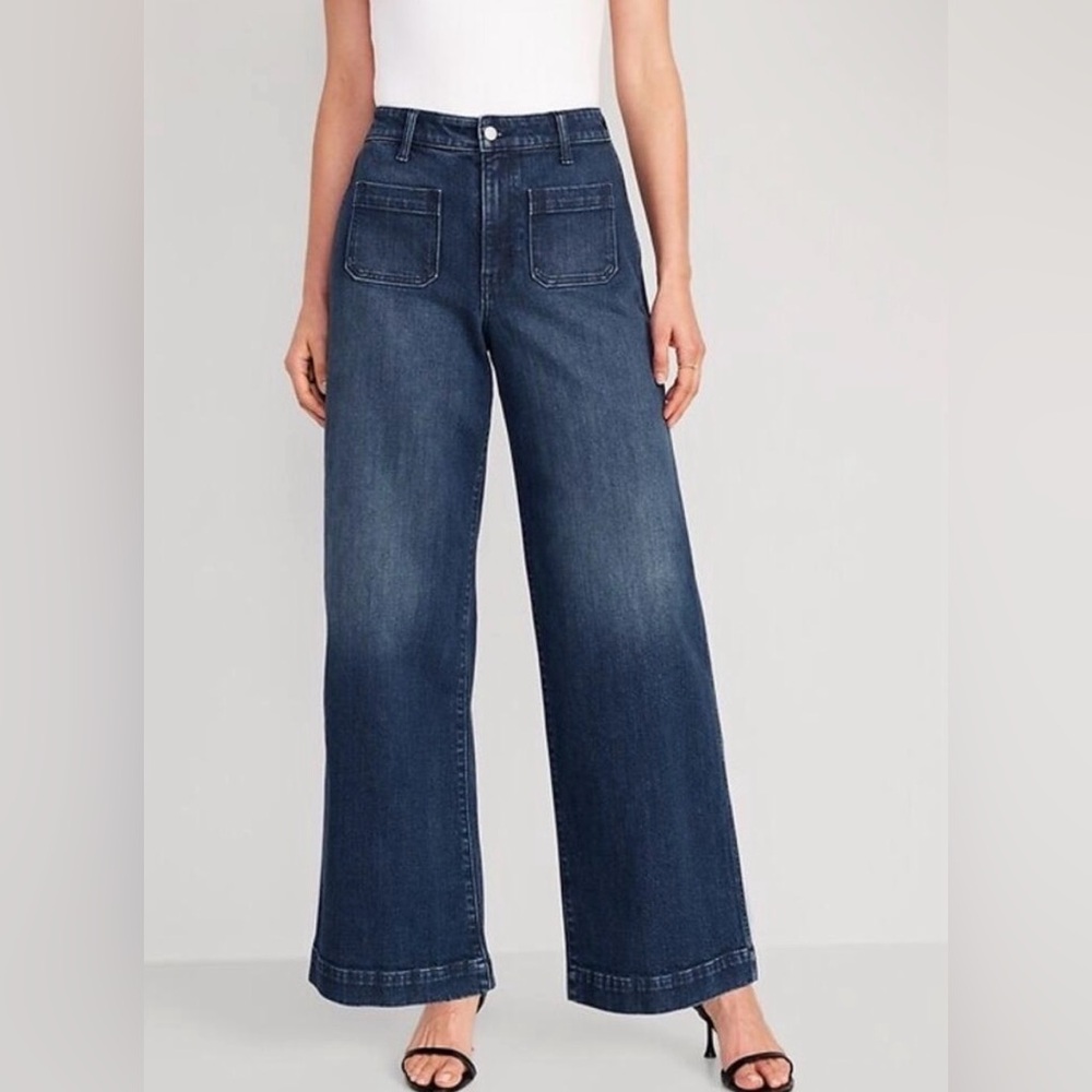 Old Navy Wide Leg Jeans Womens 16 Patch Pocket Blue Extra High Rise Stretch